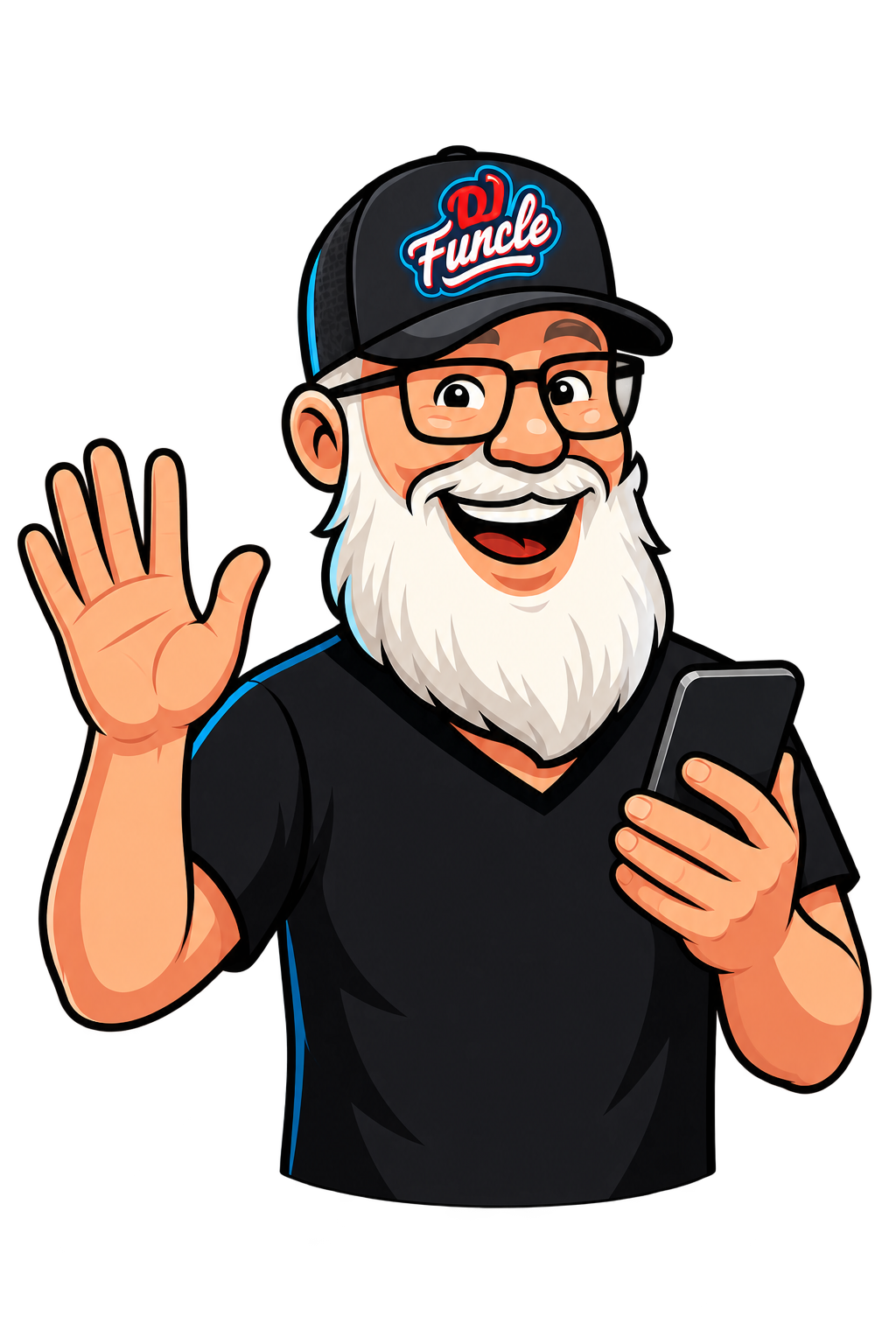 DJ Funcle waving hello while holding a phone